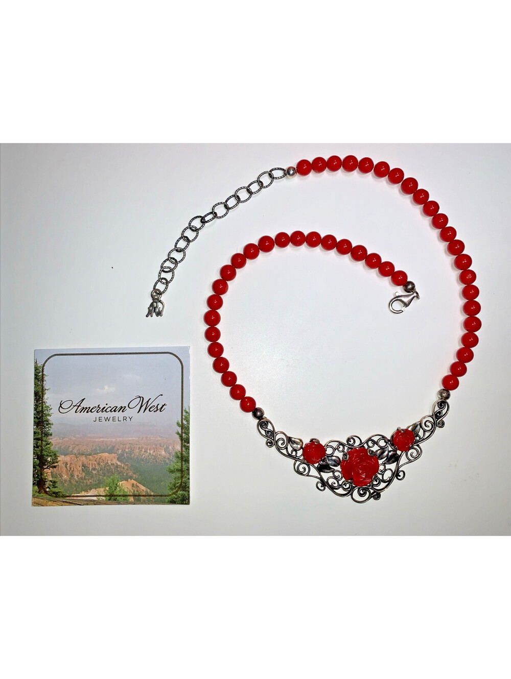 American West Carolyn Pollack Sterling Silver Red Coral Rose Filigree Necklace